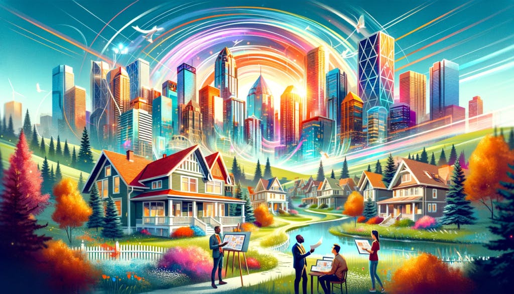 A lively depiction of the Calgary real estate market in 2023, featuring a mix of modern skyscrapers and quaint residential homes, indicative of Calgary's diverse property offerings. In the foreground, a group of people - a Black man, an Asian woman, and a Hispanic man - are engaged in a discussion over property plans, representing active buyers and investors. The scene includes lush green spaces, signifying the city's integration of urban development with natural landscapes. The backdrop showcases the iconic Calgary skyline, embodying the city's balance of urban dynamism and natural beauty, all rendered in bright, optimistic colors