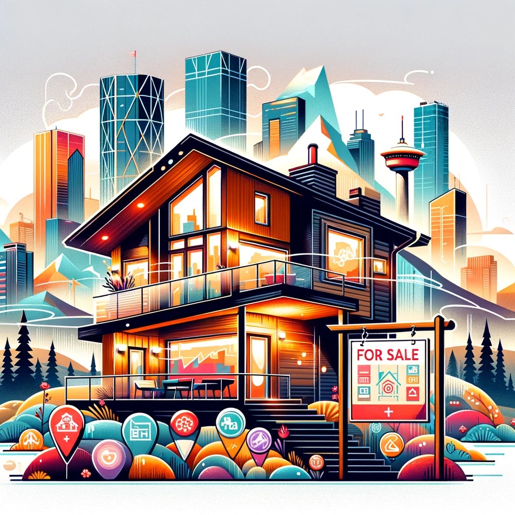 Illustration showcasing Calgary Real Estate Selling Tips with a modern house set against Calgary's skyline and the Rockies. The image features a warm, inviting home with a 'For Sale' sign, displaying icons for home staging, market analysis, and negotiation tactics, emphasizing Calgary's dynamic and strategic real estate market