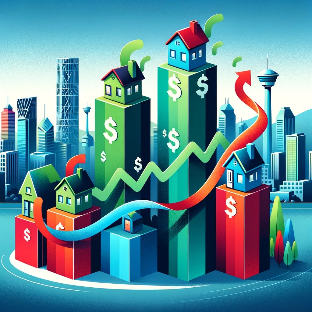 An illustration with three colorful pillars against the Calgary skyline, each representing a key real estate investment aspect: cash flow, mortgage reduction, and market growth.