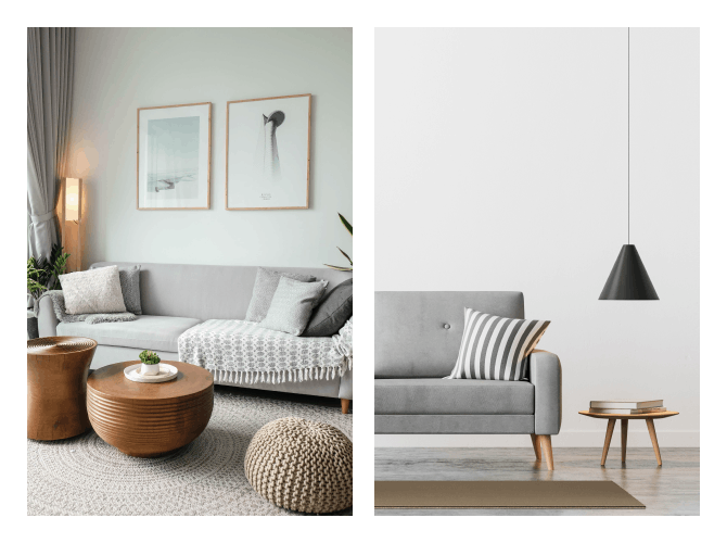 left image is a grey living room and the right image is a grey sofa with a wooden coffee table with books on top