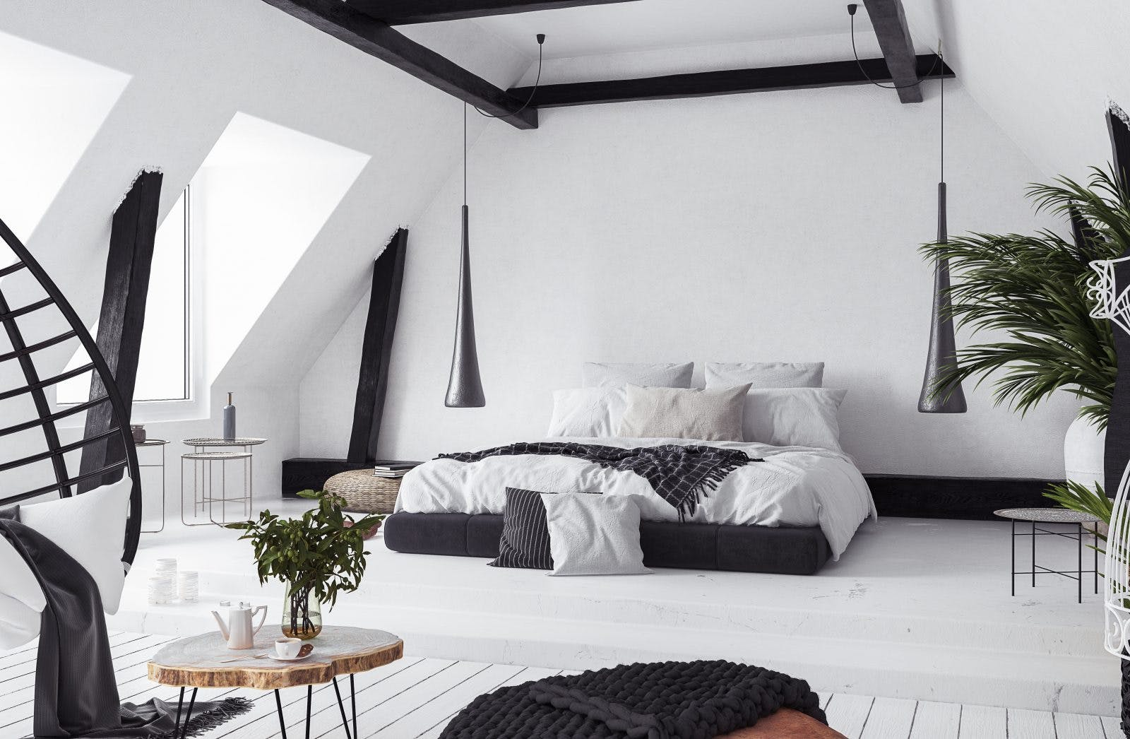 white bedroom with black beam interior side shot