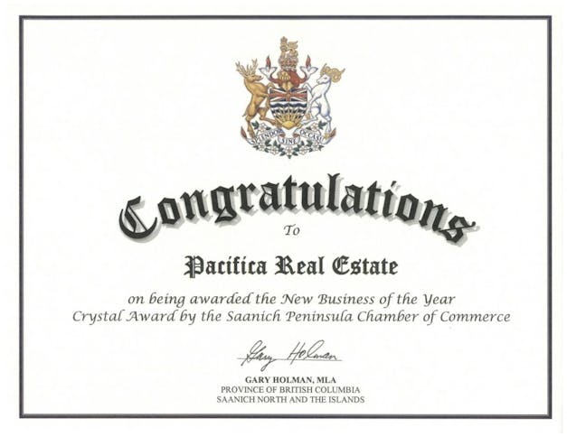 Pacifica Real Estate Inc. Award -Gary Holman MLA Saanich North and The Islands