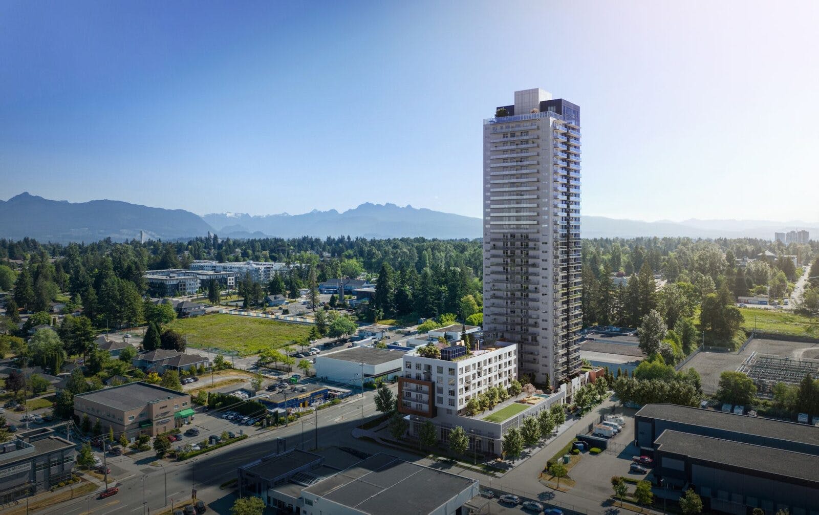 Panoramic view of Surrey City Centre from a Juno Surrey condominium, emphasizing the project's prime location.